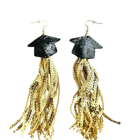 Graduation Cap Sequin Gold and Black Tassel Earrings-NEW! - Picture 1 of 6